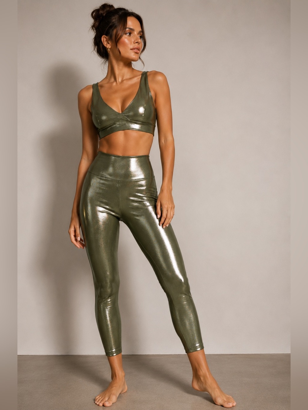 Heroine Sport Metallic Olive Green Leggings & Sports Bra Set Medium USA Made